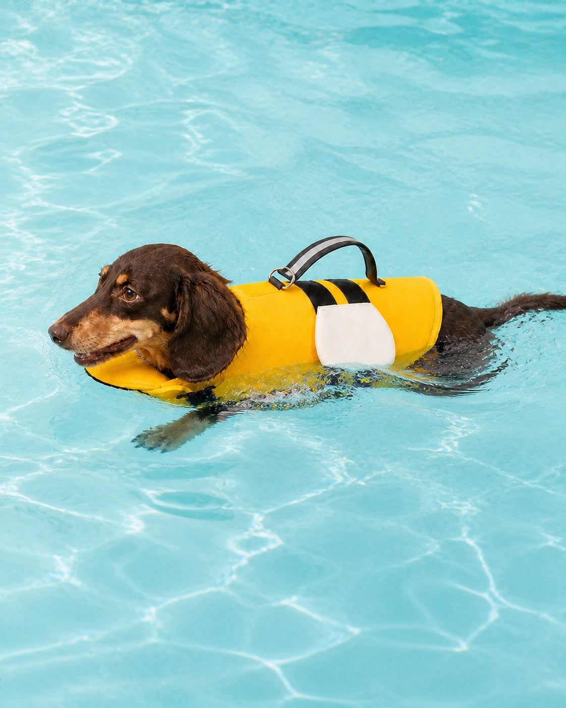 Dog swimming naturally with buoyant support