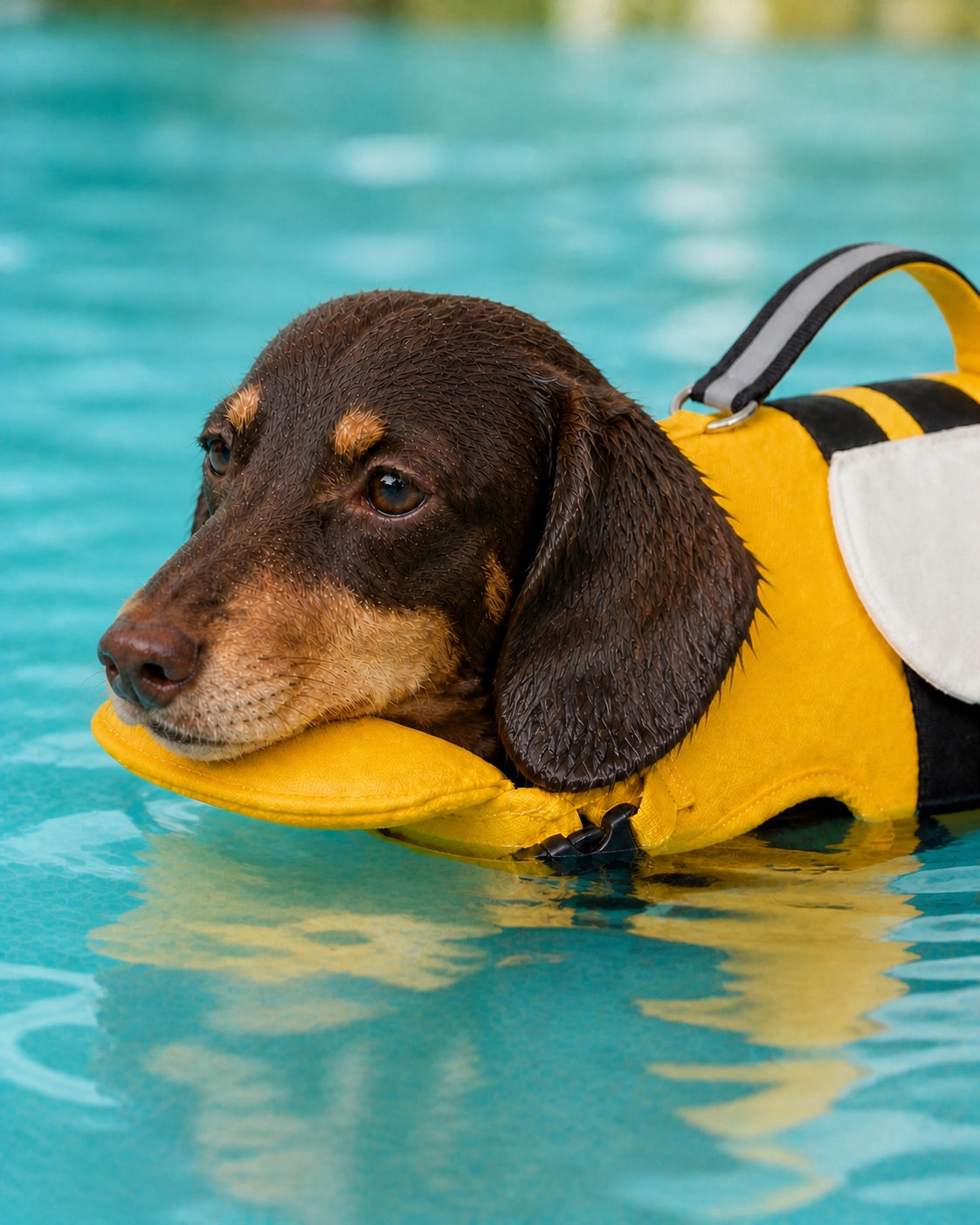 Dog resting its chin on the life jacket float
