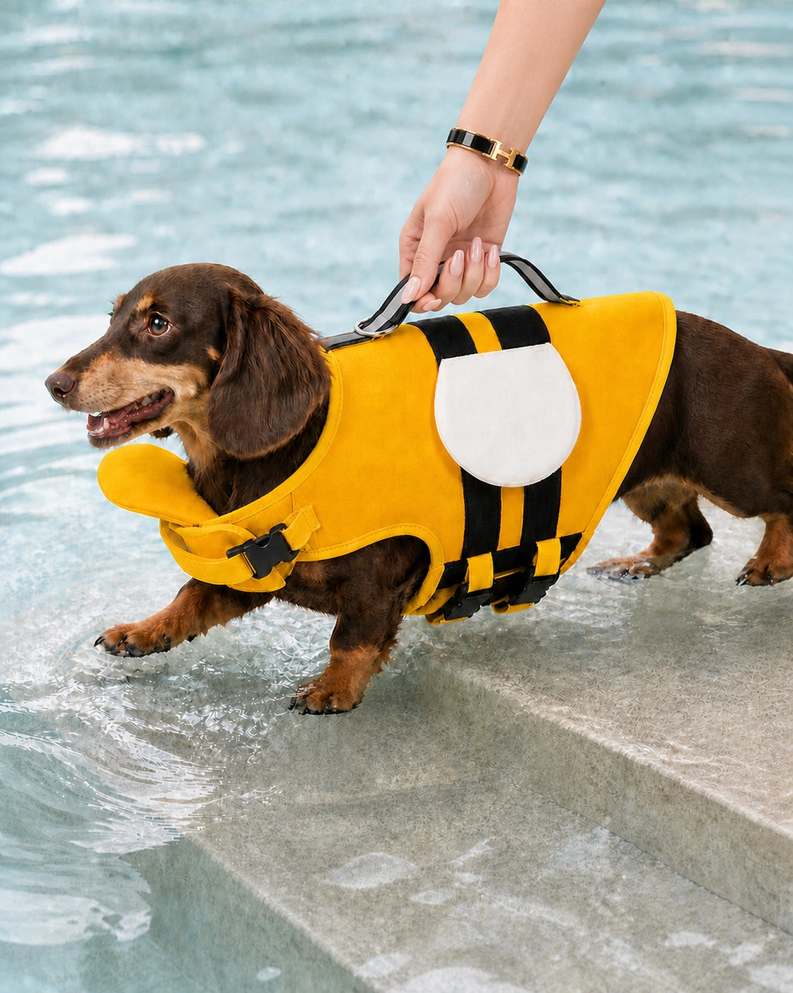 Owner assisting a dog with the reinforced handle