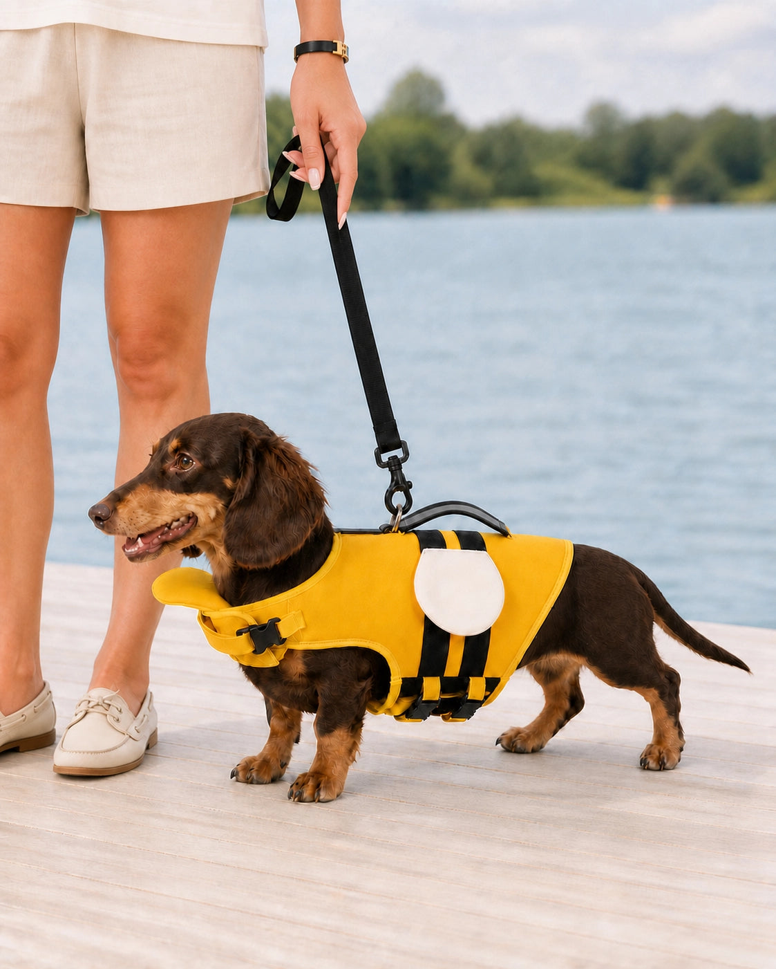 Dog wearing a leash-ready life jacket by the water