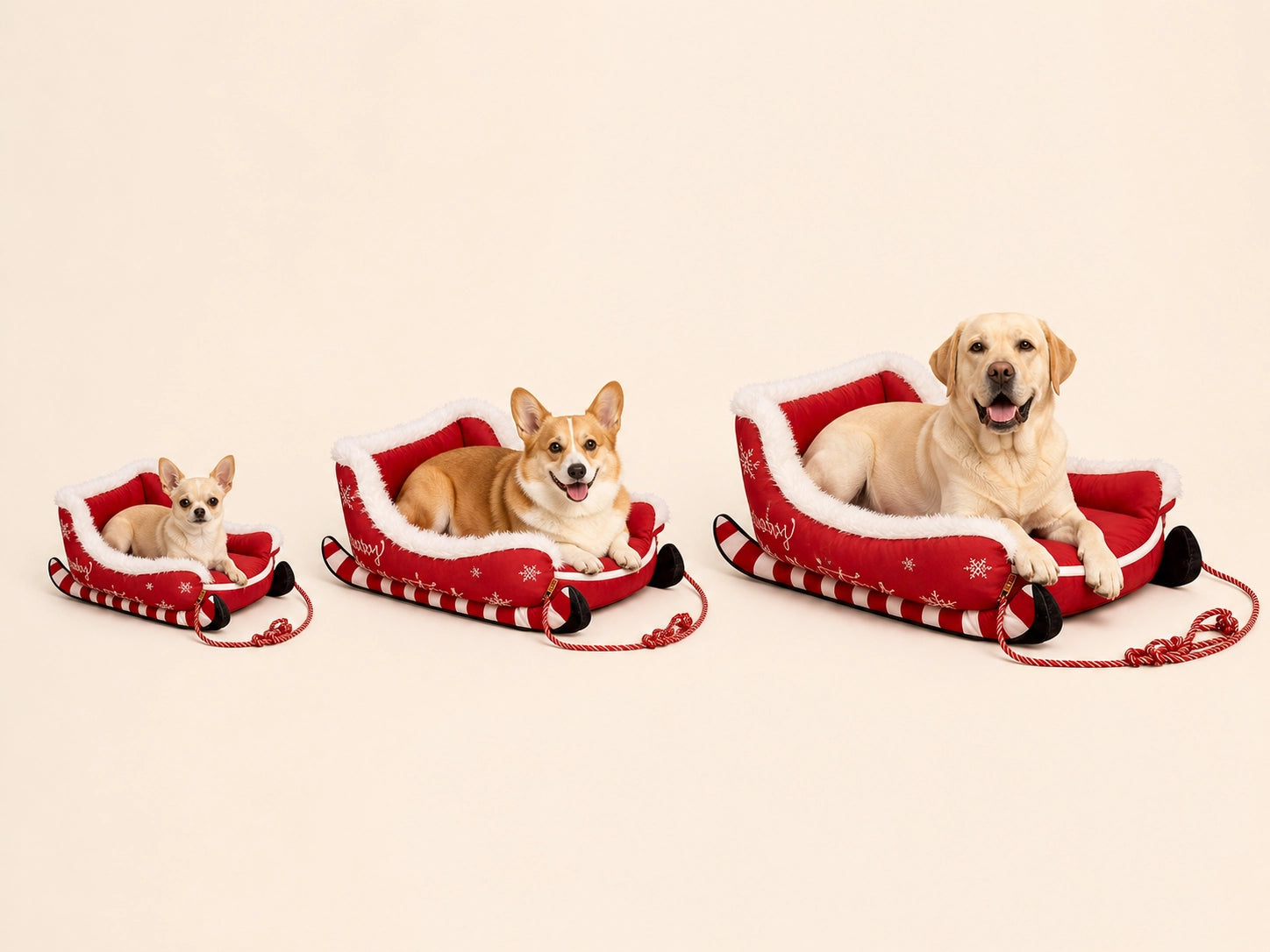 Compare small, medium, and large pets using the sleigh bed.