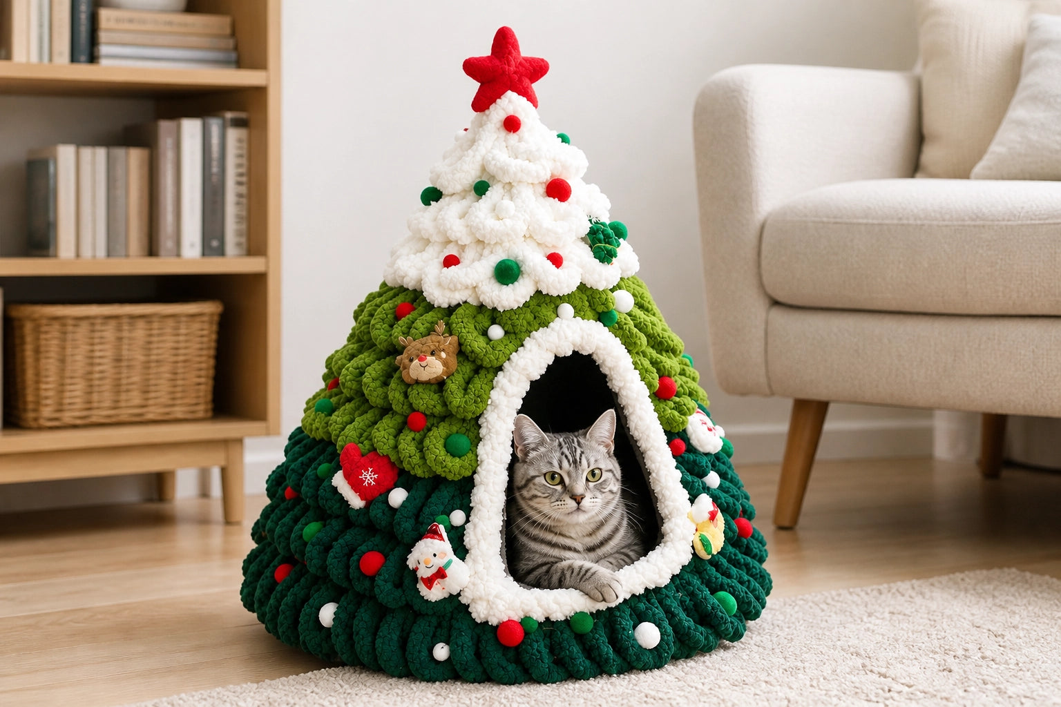 A quiet cat hideaway that still belongs after the holiday decorations are gone.